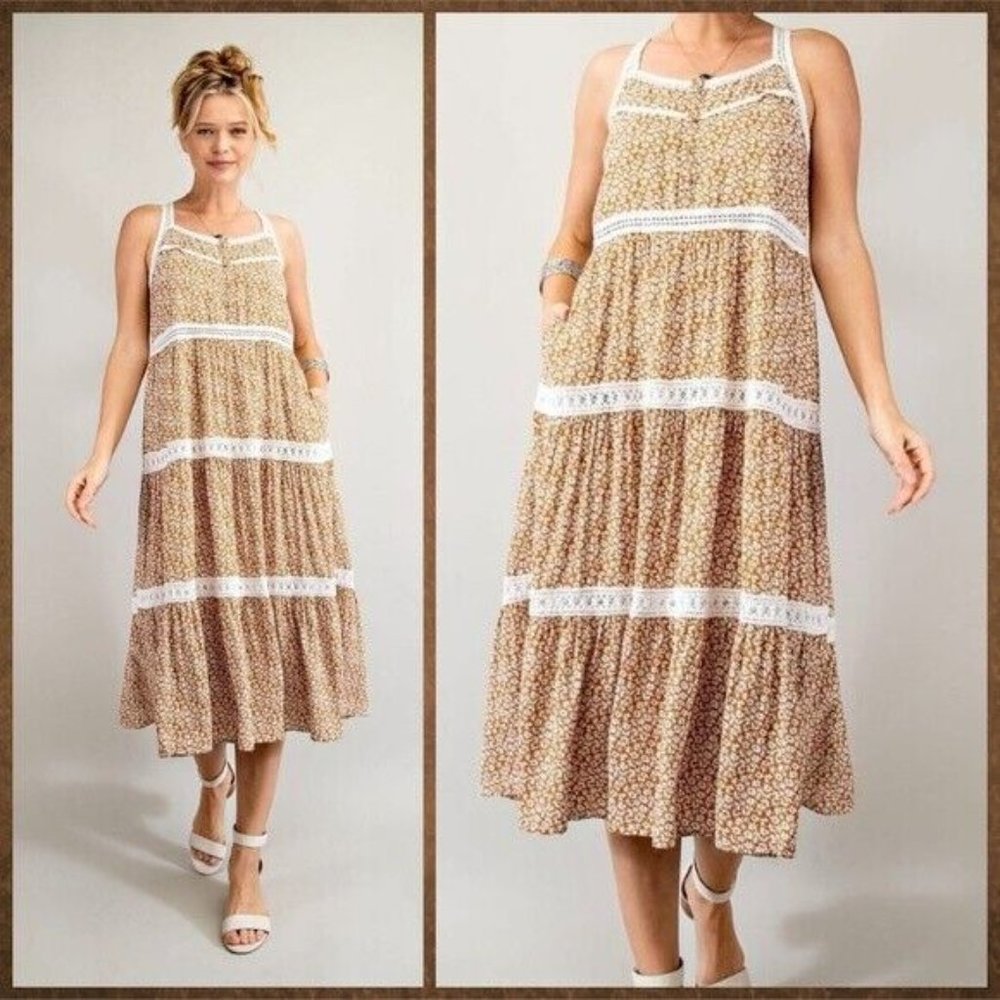 EASEL Racerback Floral Print Lace Trim Tiers Midi - Maxi Ruffled Hem - Picture 8 of 16